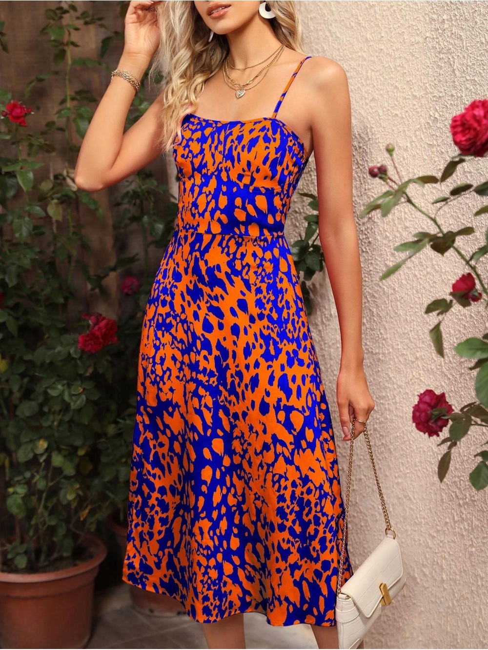 Vibrant Blue & Orange Print Spaghetti-Strap Midi Dress
